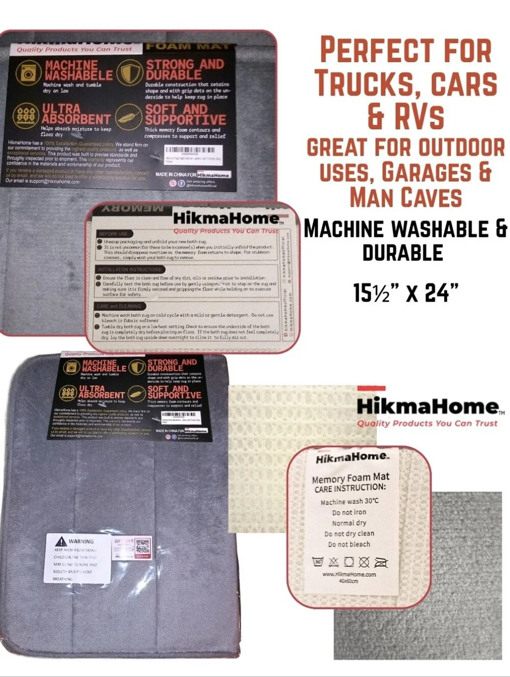 Hi Performance Memory Foam Multi Purpose Non-Slip Mats Gray Set 2 New